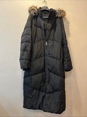 Lands' End Long Black Quilted Puffer Coat with Faux-Fur Hood